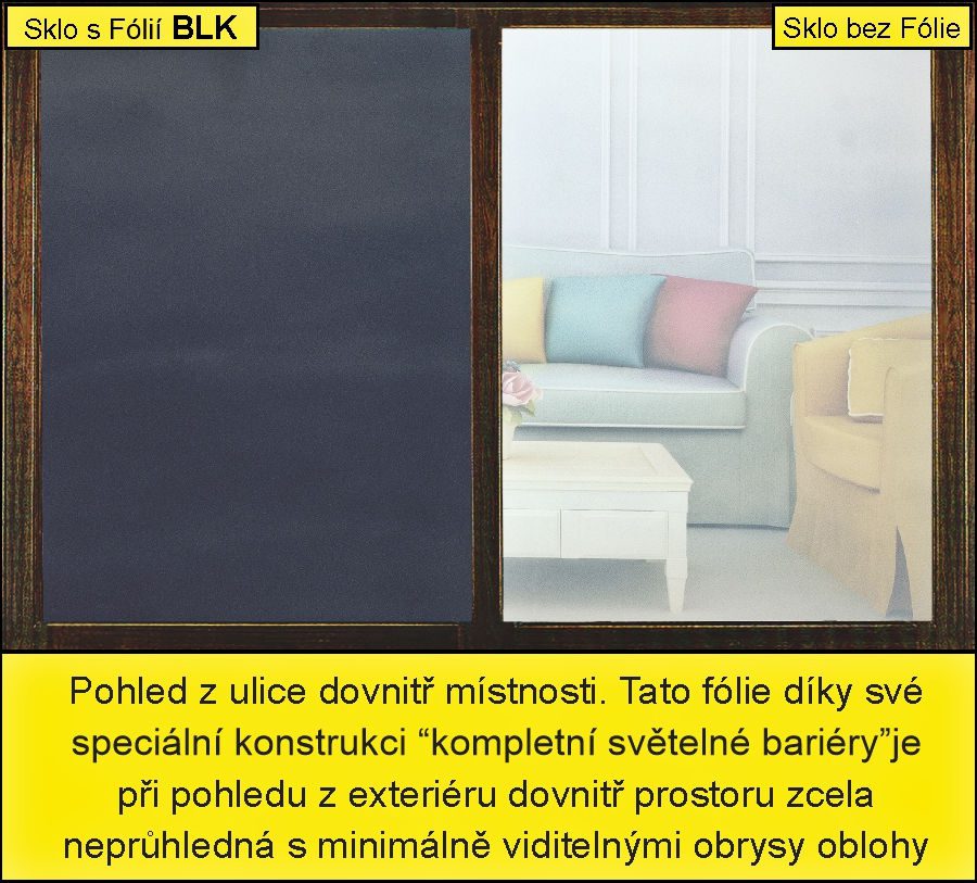 Pohled do místnosti z ulice a porovnání privátní fólie Infrasol BLK oproti čirému sklu bez fólie