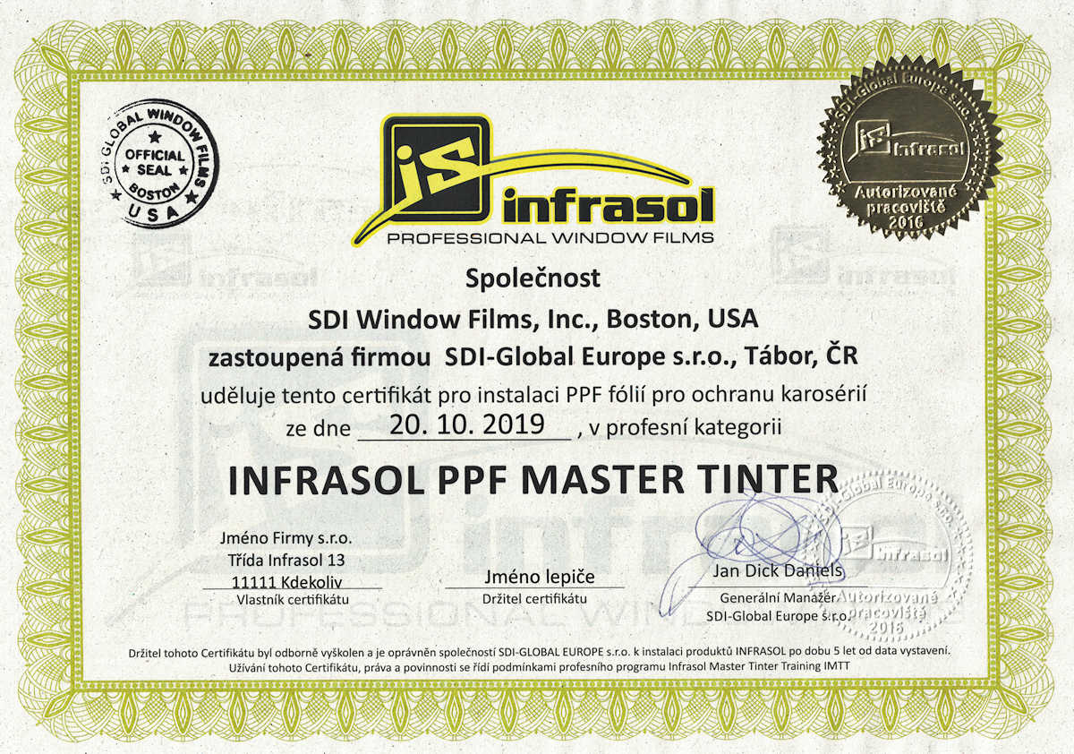 Každý z našich Certifikovaných partnerů oprávněných k instalaci fólií INFRASOL obdržel Certifikát o proškolení